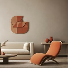 A minimalist, modern living room interior, light muted tones, beige couch, abstract geometric sculpture in warm terracotta hues on the wall, bright orange lounge chair, wood and glass coffee table, na