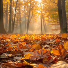 Sticker - 2. Fallen maple leaves covering the ground, warm golden sunlight filtering through trees, vibrant orange and yellow foliage, misty atmosphere, soft focus background, dreamy ethereal mood, autumn