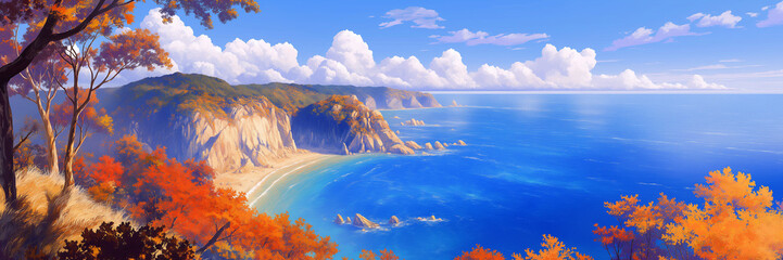 Coastal cliffs. Styled like an anime or game background. Blue sky, sunset, sunrise, night, fog, snow, rain, cloudiness, autumn leaves, rainbow, etc.