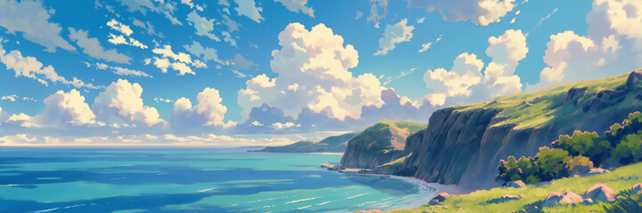 Coastal cliffs. Styled like an anime or game background. Blue sky, sunset, sunrise, night, fog, snow, rain, cloudiness, autumn leaves, rainbow, etc.