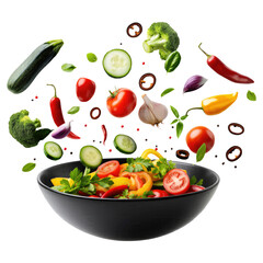 Wall Mural - flying different fresh vegetables with a black bowl isolated on transparent white background, clipping path