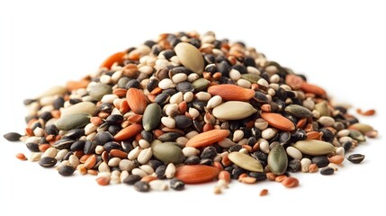 91. A pile of mixed vegetable seeds isolated on a plain white backdrop