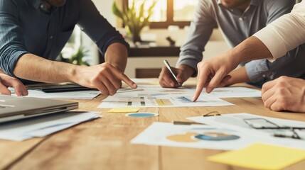 Poster - Strategic Collaboration: A close-up shot of three colleagues engaged in a collaborative brainstorming session, their hands pointing at documents, representing focused teamwork and innovative solutions