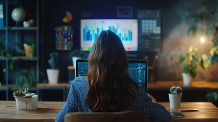Poster - Rear view of a focused young businesswoman working on laptop with analytical charts, graphs, and schedules displayed on screen, sitting at a modern office desk, ideal for business, finance, and corpor