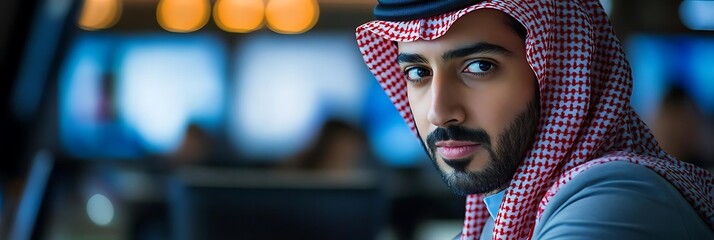 Wall Mural - Close Up Portrait of a Man in a Traditional Arabic Headscarf - Realistic Image