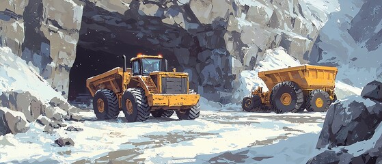 Wall Mural - Yellow dump truck parked in front of a snowy mountain cave.