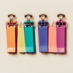 Poster - Colorful set of binder clips arranged in a uniform row isolated on a light background  The image showcases a minimalist organized and graphic design with vibrant colors and a simple clean aesthetic