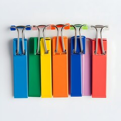 Poster - A neat and orderly arrangement of colorful binder clips isolated on a light minimalist background  The uniform clips create a simple graphic design with a touch of vibrancy and modern aesthetic