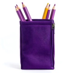 Poster - Closeup of a vibrant purple pencil case placed at the center of a clean minimalist white background  The simple modern design of the stationery accessory creates a stylish