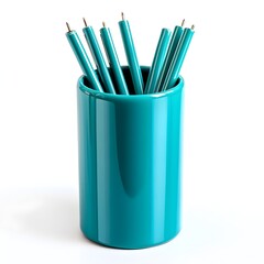 Poster - Teal Pen Holder Centered on Plain White Background   Simple Modern Office Accessory Mockup for Stationery Desk Supplies or Home Decor