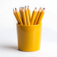 Poster - Vibrant yellow pencil cup placed at the center of a clean white background showcasing a simple and modern office supply design