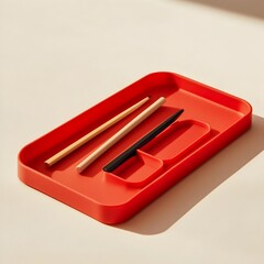 Poster - Photograph of a red desk organizer tray placed at the center isolated on a light surface