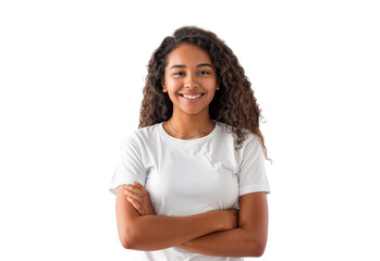 Wall Mural - Portrait of a smiling young Brazilian woman standing with her arms crossed, isolated on transparent background