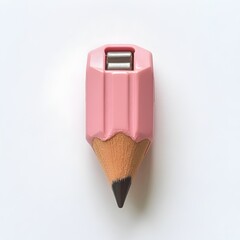 Poster - Close up photograph of a bright pink pencil sharpener placed centrally on a plain white background creating a minimalist elegant and visually appealing composition