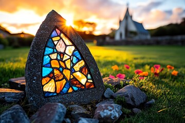 Aufkleber - A tombstone set in a small, peaceful churchyard, with colorful stained-glass windows casting light on the stone