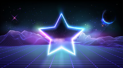 Poster - Retro banner with star portal on wireframe landscape. Vector realistic illustration of retro grid mountain backdrop, neon moon in black night sky, 80s cyberprunk banner design, space galaxy wallpaper