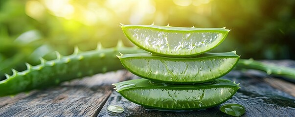 Three pieces of fresh aloe vera stacked on a wooden surface, with a blurred background of green foliage and sunlight.