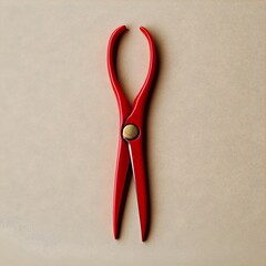 Poster - A single vibrant red pair of scissors placed at the center of a plain minimalist background  The scissors are captured in sharp detail showcasing their clean geometric design and precise
