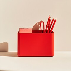 Poster - Sleek and Functional Red Desk Organizer Placed Centrally on a Light Colored Background Showcasing a Minimalist and Organized Workspace Setup
