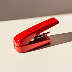 Poster - A vibrant red stapler remover meticulously positioned at the center of a light colored surface creating a minimalist and modern still life composition