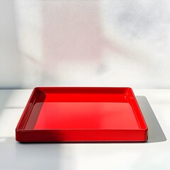 Poster - Overhead view of a red desk tray placed at the center of a clean white background  The simple modern design and isolated setup highlights the functionality and organization of this office accessory