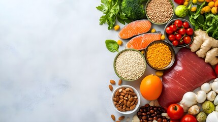 Fresh ingredients for a healthy meal arranged on a light background, featuring salmon, vegetables, nuts, and pulses.