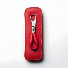 Poster - Isolated close up image of a vibrant red scissors case placed at the center of a plain white background showcasing its simple modern and minimalist design