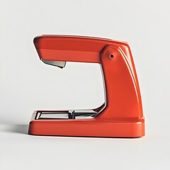 Poster - Vibrant Red Stapler Prominently Displayed in the Center of a Minimalist White Office Desk or Workspace Highlighting its Functional yet Stylish Design