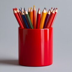 Poster - Minimalist red pencil cup centered and positioned on a plain white surface  Simplistic clean design with a focus on the vibrant color and form of the office object