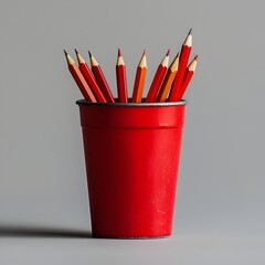 Poster - A simple and elegant red pencil cup placed at the center of a plain minimalist surface highlighting the essential office or studio supplies