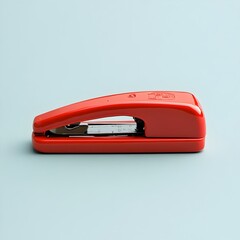 Poster - Minimalist red stapler lying flat at the center of a light clean background  Simple office equipment in a modern organized composition