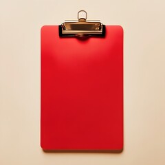 Poster - Minimalist Composition with Red Clipboard Placed at the Center of a Light Background Representing Office Supplies Organization and Productivity