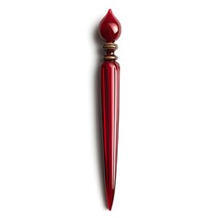 Poster - Close up image of a sleek shiny red letter opener standing upright at the center of a clean bright white background  The simple