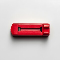 Poster - Detailed Close Up Photograph of a Red Pencil Sharpener Lying Flat on a Bright Minimalistic Light Colored Background  Showcasing the Sharp Edges Smooth Texture