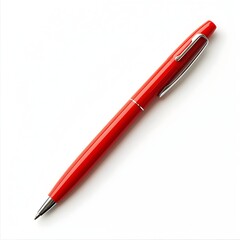 Poster - Closeup photograph of a solitary red pen lying flat and centered on a clean pristine white background  Minimalist simple and visually striking image for office business or stationery concepts