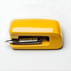 Poster - Centered Yellow Stapler on White Background Showcasing Simplistic Design and Function for Office Workspace and Business Concepts