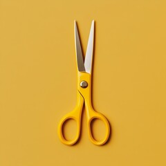 Poster - A photograph showcasing a pair of vibrant yellow scissors placed at the center of a plain isolated background  The scissors are a simple minimalist design