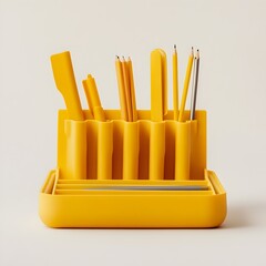 Poster - Sleek and Minimalist Yellow Desk Organizer Neatly Arranged on a Plain Light Background Showcasing its Practical Design and Elegant Appeal for the Modern Workspace