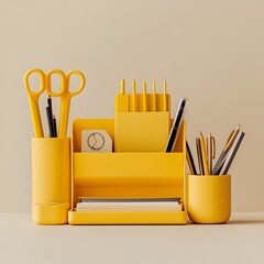 Poster - Elegant Yellow Desk Organizer Placed Centrally on a Light Background Highlighting a Minimalist and Organized Workspace Design