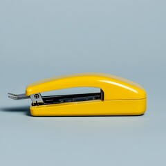 Poster - A close up image of a yellow metal stapler lying flat and centered on a plain minimalist background  The stapler is the sole focus of the frame