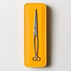 Poster - Closeup photograph of a vivid yellow scissors case or holder placed at the center of a plain white background  The case features a minimalist modern design with a simple clean look