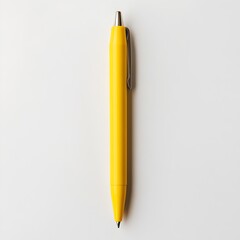 Poster - Close up Photograph of a Single Yellow Pen Lying Flat at the Center of a Plain Isolated Surface in a Minimalist Studio Style Setup