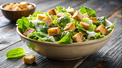 Close up shot of a juicy fresh Caesar salad in a bowl , Western cuisine, Caesar salad, fresh, salad, healthy, food, green