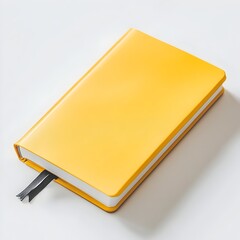 Poster - A minimalist flat lay photograph of a bright yellow notebook lying flat at the center of a clean white background  The simple and elegant composition showcases the stationery item in a studio setting