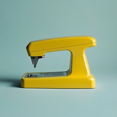 Poster - Bright yellow stapler placed at the center of a plain uncluttered desk surface highlighting its functional and minimalist design for a organized efficient office workspace