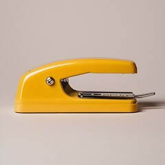 Poster - Closeup of a bright yellow metal stapler placed at the center of a plain minimalist workspace surface  The simple modern design of the office supply creates a clean