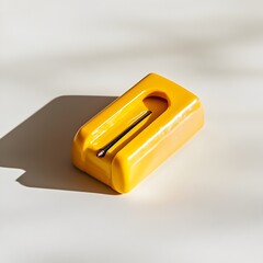 Poster - Closeup shot of a vibrant yellow pencil sharpener lying flat at the center of a light surface creating a minimalist and modern still life composition