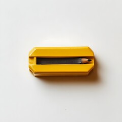 Poster - A close up photograph of a bright yellow pencil sharpener lying flat at the center of a light colored surface  The sharpener is the sole focus creating a minimalist and simple composition