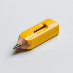 Poster - Closeup photograph of a yellow pencil sharpener lying flat and centered on a light colored surface  The sharpener is a simple minimalist design element with a sharp point and crisp details