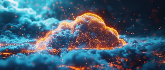 Futuristic Cloud Computing Network in 3D Hologram - Modern Technology Concept with Luminous Connections